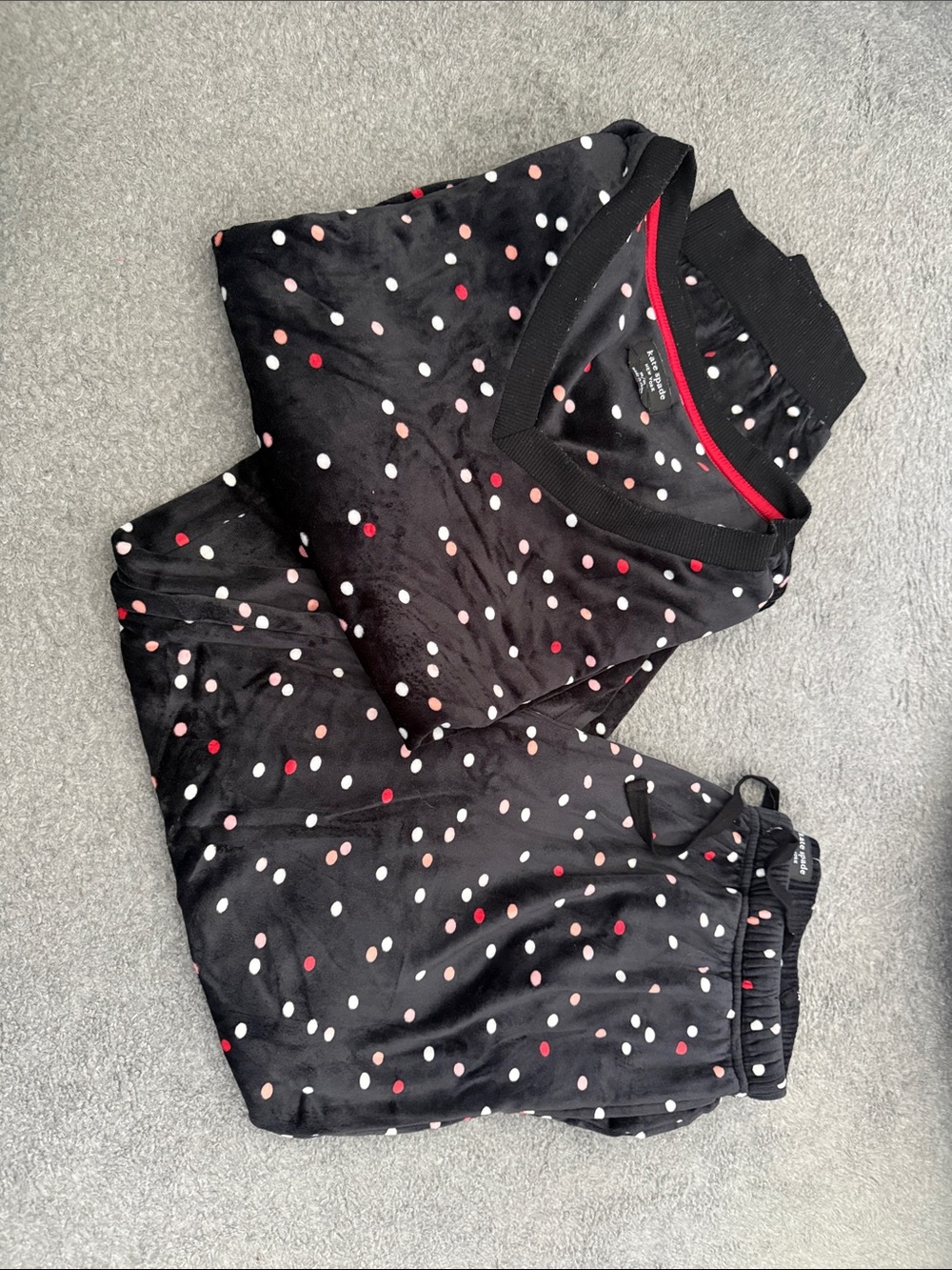 kate spade Black Polka Dot Velvet Pajama Set with Red & Pink Dots